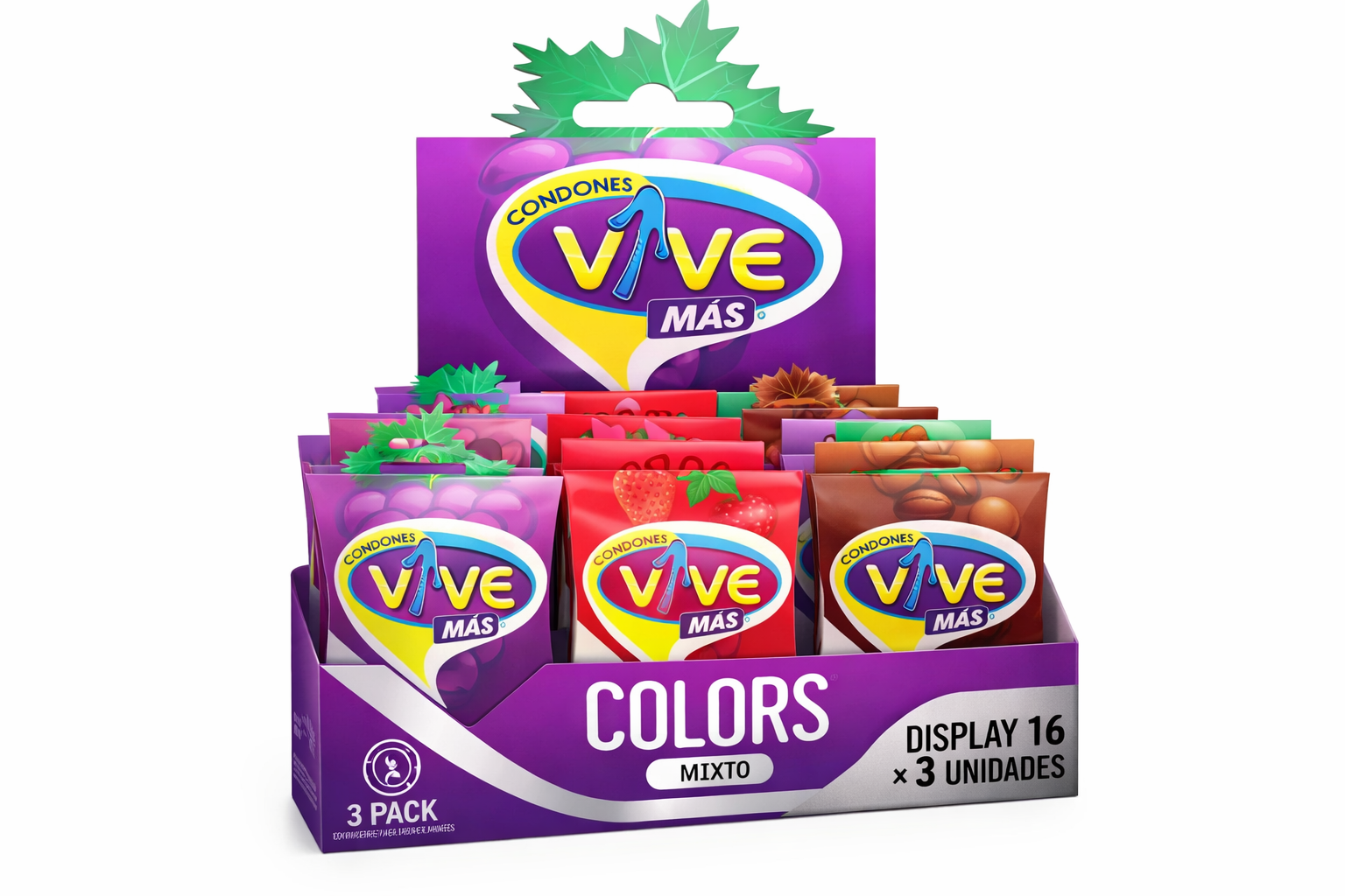 Condones Vive Más Colors Mixto display 16 cajas de 3 unidades